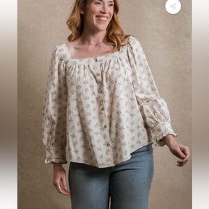 Neuflora Marietta Blouse Top Button Cream Floral Flowy Bohemian XL NEW